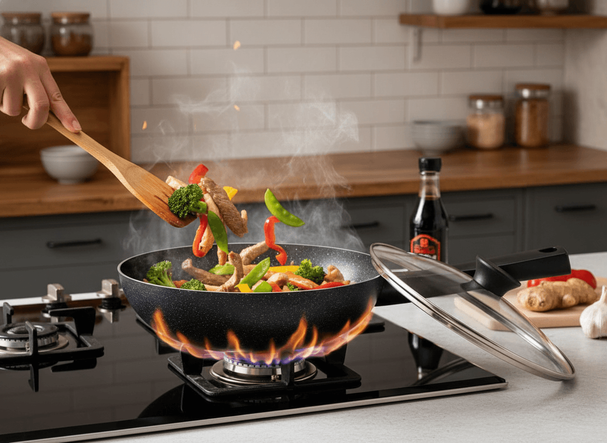 Boîte d'emballage d'un wok Royal Swiss en aluminium forgé de 32 cm avec couvercle, posée sur un comptoir de cuisine. — vue 3
