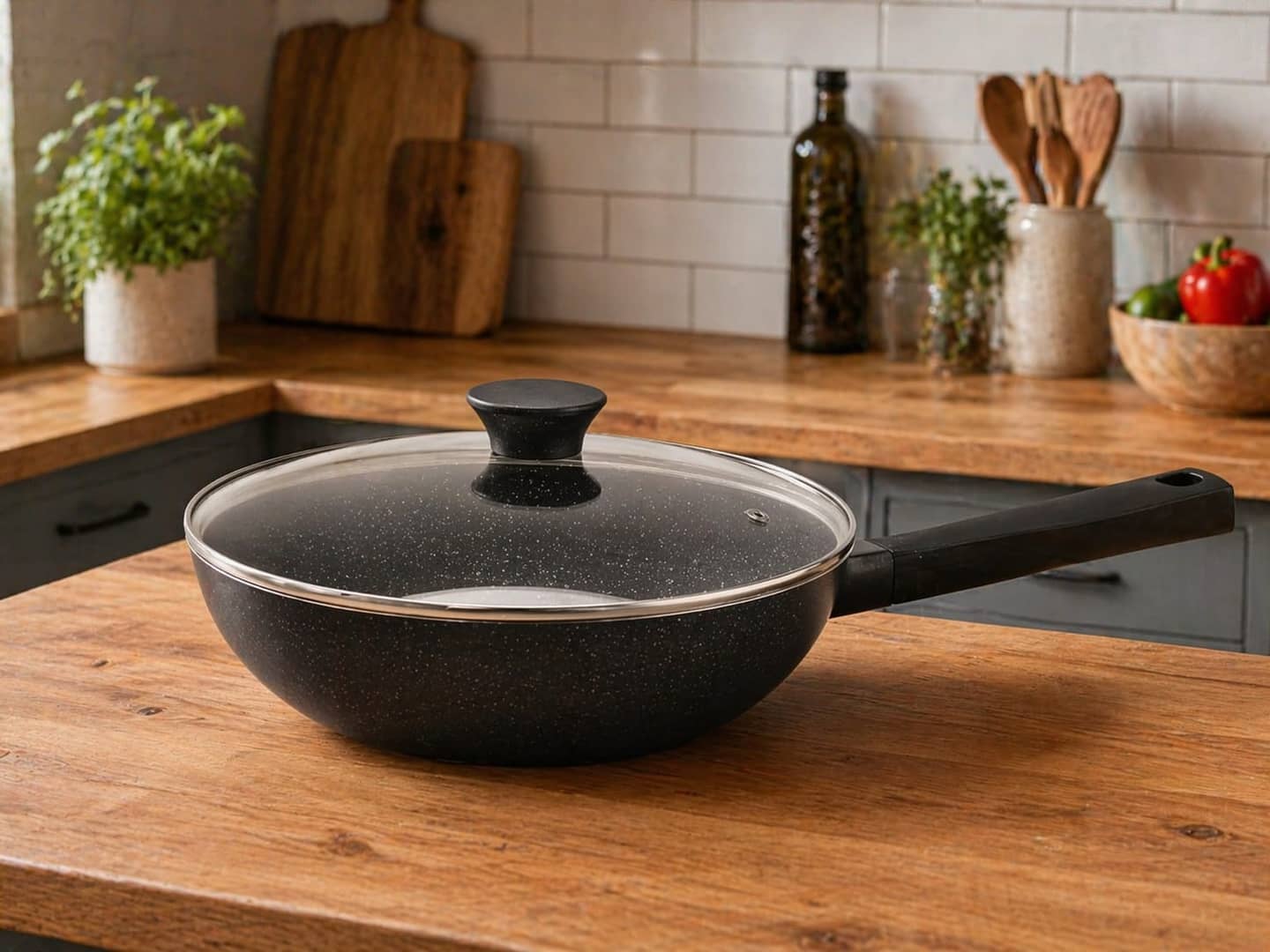 Boîte d'emballage d'un wok Royal Swiss en aluminium forgé de 32 cm avec couvercle, posée sur un comptoir de cuisine. — vue 1